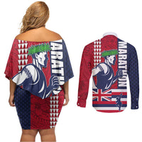 Honolulu Running 2024 Couples Matching Off Shoulder Short Dress and Long Sleeve Button Shirt Marathon Competition Hula Runner and Kakau Art Tattoo
