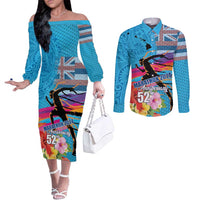 Honolulu Anniversary 52nd Running Couples Matching Off The Shoulder Long Sleeve Dress and Long Sleeve Button Shirt Marathon Competition Kakau Pattern Blue Color
