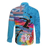Honolulu Anniversary 52nd Running Long Sleeve Button Shirt Marathon Competition Kakau Pattern Blue Color