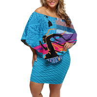 Honolulu Anniversary 52nd Running Off Shoulder Short Dress Marathon Competition Kakau Pattern Blue Color LT03 Women Blue - Polynesian Pride