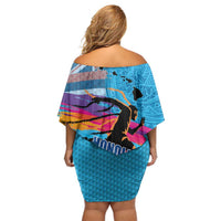 Honolulu Anniversary 52nd Running Off Shoulder Short Dress Marathon Competition Kakau Pattern Blue Color LT03 - Polynesian Pride