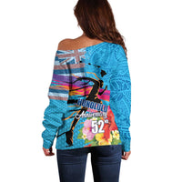 Honolulu Anniversary 52nd Running Off Shoulder Sweater Marathon Competition Kakau Pattern Blue Color