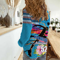 Honolulu Anniversary 52nd Running Women Casual Shirt Marathon Competition Kakau Pattern Blue Color