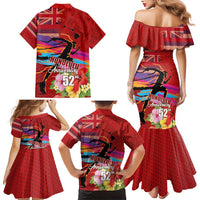 Honolulu Anniversary 52nd Running Family Matching Mermaid Dress and Hawaiian Shirt Marathon Competition Kakau Pattern Red Color