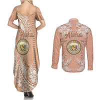 Hawaii Tropical Flowers with Kakau Tribal Couples Matching Summer Maxi Dress and Long Sleeve Button Shirt Peach Fuzz Color LT03 - Polynesian Pride