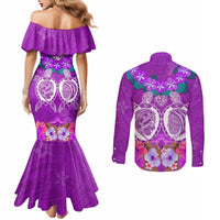 Polynesian Valentine Day Couples Matching Mermaid Dress and Long Sleeve Button Shirt Love Couple Turtle Maori Hibiscus Purple LT03 - Polynesian Pride