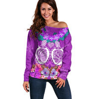 Polynesian Valentine Day Off Shoulder Sweater Love Couple Turtle Maori Hibiscus Purple LT03 Women Purple - Polynesian Pride