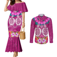 Polynesian Valentine Day Couples Matching Mermaid Dress and Long Sleeve Button Shirt Love Couple Turtle Maori Hibiscus Pink LT03 Pink - Polynesian Pride
