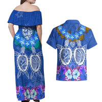 Polynesian Valentine Day Couples Matching Off Shoulder Maxi Dress and Hawaiian Shirt Love Couple Turtle Maori Hibiscus Blue LT03 - Polynesian Pride