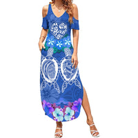 Polynesian Valentine Day Family Matching Summer Maxi Dress and Hawaiian Shirt Love Couple Turtle Maori Hibiscus Blue LT03 Mom's Dress Blue - Polynesian Pride