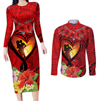Hawaii Valentine Day Couples Matching Long Sleeve Bodycon Dress and Long Sleeve Button Shirt Couple on Beach mix Hibiscus and Polynesian Tattoo LT03 Red - Polynesian Pride