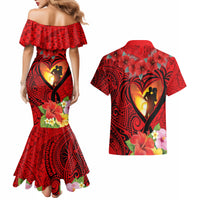 Hawaii Valentine Day Couples Matching Mermaid Dress and Hawaiian Shirt Couple on Beach mix Hibiscus and Polynesian Tattoo LT03 - Polynesian Pride