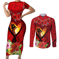 Hawaii Valentine Day Couples Matching Short Sleeve Bodycon Dress and Long Sleeve Button Shirt Couple on Beach mix Hibiscus and Polynesian Tattoo LT03 Red - Polynesian Pride