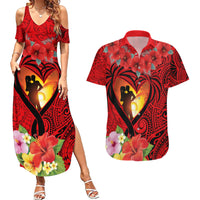 Hawaii Valentine Day Couples Matching Summer Maxi Dress and Hawaiian Shirt Couple on Beach mix Hibiscus and Polynesian Tattoo LT03 Red - Polynesian Pride