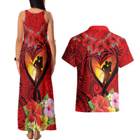 Hawaii Valentine Day Couples Matching Tank Maxi Dress and Hawaiian Shirt Couple on Beach mix Hibiscus and Polynesian Tattoo LT03 - Polynesian Pride