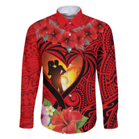 Hawaii Valentine Day Family Matching Mermaid Dress and Hawaiian Shirt Couple on Beach mix Hibiscus and Polynesian Tattoo LT03 Dad's Shirt - Long Sleeve Red - Polynesian Pride