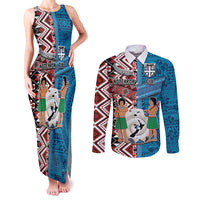 Personalised Aotearoa and Fiji Together Couples Matching Tank Maxi Dress and Long Sleeve Button Shirt Melanesian Warrior and Koru - Taniko with Hibiscus Tapa Pattern LT03 Blue - Polynesian Pride