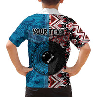 Personalised Aotearoa and Fiji Together Family Matching Long Sleeve Bodycon Dress and Hawaiian Shirt Melanesian Warrior and Koru - Taniko with Hibiscus Tapa Pattern