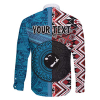 Personalised Aotearoa and Fiji Together Family Matching Off The Shoulder Long Sleeve Dress and Hawaiian Shirt Melanesian Warrior and Koru - Taniko with Hibiscus Tapa Pattern