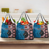 Personalised Aotearoa and Fiji Together Grocery Bag Melanesian Warrior and Koru - Taniko with Hibiscus Tapa Pattern