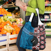 Personalised Aotearoa and Fiji Together Grocery Bag Melanesian Warrior and Koru - Taniko with Hibiscus Tapa Pattern