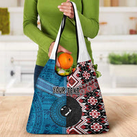 Personalised Aotearoa and Fiji Together Grocery Bag Melanesian Warrior and Koru - Taniko with Hibiscus Tapa Pattern