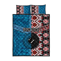 Personalised Aotearoa and Fiji Together Quilt Bed Set Melanesian Warrior and Koru - Taniko with Hibiscus Tapa Pattern