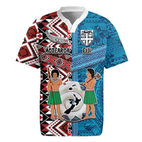 Personalised Aotearoa and Fiji Together Rugby Jersey Melanesian Warrior and Koru - Taniko with Hibiscus Tapa Pattern