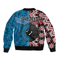 Personalised Aotearoa and Fiji Together Sleeve Zip Bomber Jacket Melanesian Warrior and Koru - Taniko with Hibiscus Tapa Pattern