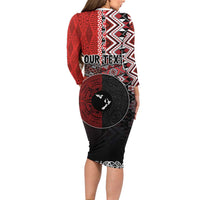Personalised Aotearoa and Tonga Together Long Sleeve Bodycon Dress Manaia and Tongan Tribal Cross - Taniko and Ngatu Art Tattoo