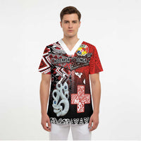 Personalised Aotearoa and Tonga Together Scrub Top Manaia and Tongan Tribal Cross - Taniko and Ngatu Art Tattoo - Polynesian Pride