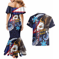 American Samoa Flag Day Couples Matching Mermaid Dress and Hawaiian Shirt Bald Eagle with Uatogi and Fue - Polynesian and Floral Tribal Tattoo