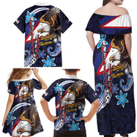 American Samoa Flag Day Family Matching Off Shoulder Maxi Dress and Hawaiian Shirt Bald Eagle with Uatogi and Fue - Polynesian and Floral Tribal Tattoo