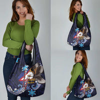 American Samoa Flag Day Grocery Bag Bald Eagle with Uatogi and Fue - Polynesian and Floral Tribal Tattoo