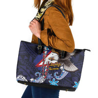 American Samoa Flag Day Leather Tote Bag Bald Eagle with Uatogi and Fue - Polynesian and Floral Tribal Tattoo