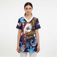 American Samoa Flag Day Scrub Top Bald Eagle with Uatogi and Fue - Polynesian and Floral Tribal Tattoo - Polynesian Pride