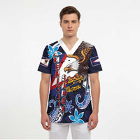 American Samoa Flag Day Scrub Top Bald Eagle with Uatogi and Fue - Polynesian and Floral Tribal Tattoo - Polynesian Pride