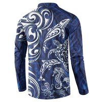 New Zealand Connecting with Seas Button Sweatshirt Maori Tribal and Sea Animals Tattoo - White Glass Style
