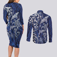 New Zealand Connecting with Seas Couples Matching Long Sleeve Bodycon Dress and Long Sleeve Button Shirt Maori Tribal and Sea Animals Tattoo - White Glass Style
