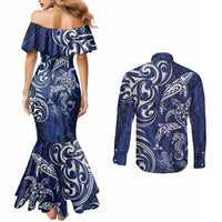 New Zealand Connecting with Seas Couples Matching Mermaid Dress and Long Sleeve Button Shirt Maori Tribal and Sea Animals Tattoo - White Glass Style