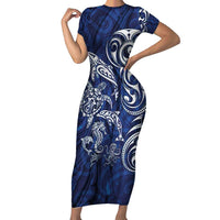 New Zealand Connecting with Seas Family Matching Short Sleeve Bodycon Dress and Hawaiian Shirt Maori Tribal and Sea Animals Tattoo - White Glass Style