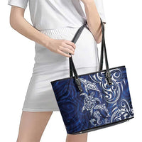 New Zealand Connecting with Seas Leather Tote Bag Maori Tribal and Sea Animals Tattoo - White Glass Style