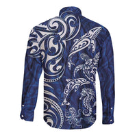 New Zealand Connecting with Seas Long Sleeve Button Shirt Maori Tribal and Sea Animals Tattoo - White Glass Style