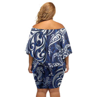 New Zealand Connecting with Seas Off Shoulder Short Dress Maori Tribal and Sea Animals Tattoo - White Glass Style
