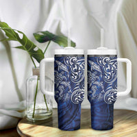 New Zealand Connecting with Seas Tumbler With Handle Maori Tribal and Sea Animals Tattoo - White Glass Style
