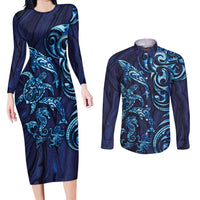 New Zealand Connecting with Seas Couples Matching Long Sleeve Bodycon Dress and Long Sleeve Button Shirt Maori Tribal and Sea Animals Tattoo - Sea Texture Glass Style LT03 Navy - Polynesian Pride