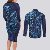 New Zealand Connecting with Seas Couples Matching Long Sleeve Bodycon Dress and Long Sleeve Button Shirt Maori Tribal and Sea Animals Tattoo - Sea Texture Glass Style LT03 - Polynesian Pride