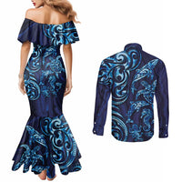 New Zealand Connecting with Seas Couples Matching Mermaid Dress and Long Sleeve Button Shirt Maori Tribal and Sea Animals Tattoo - Sea Texture Glass Style