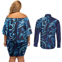 New Zealand Connecting with Seas Couples Matching Off Shoulder Short Dress and Long Sleeve Button Shirt Maori Tribal and Sea Animals Tattoo - Sea Texture Glass Style