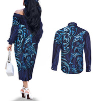 New Zealand Connecting with Seas Couples Matching Off The Shoulder Long Sleeve Dress and Long Sleeve Button Shirt Maori Tribal and Sea Animals Tattoo - Sea Texture Glass Style LT03 - Polynesian Pride